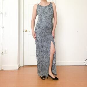 Vintage Y2K Hand Beaded Silk Prom Maxi Dress Formal Gown Grey Blue 90s READ DES